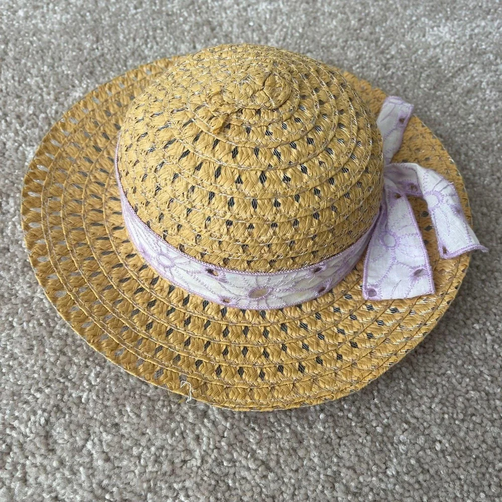 Kids Straw Sun Hat Floppy Brim Purple Floral Ribbon Bow Summer Beach‎